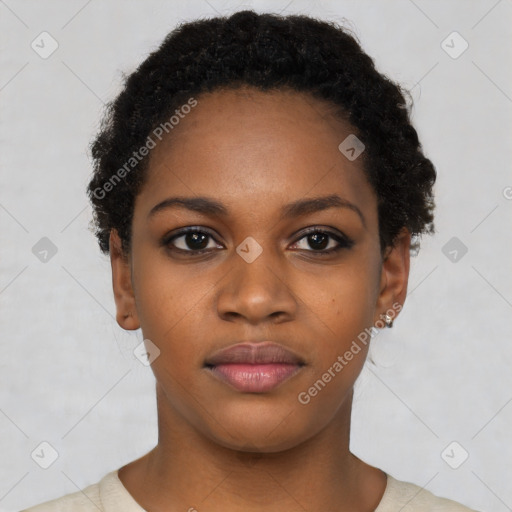 Neutral black young-adult female with short  black hair and brown eyes