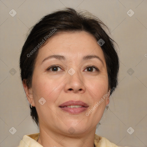 Joyful white adult female with medium  brown hair and brown eyes