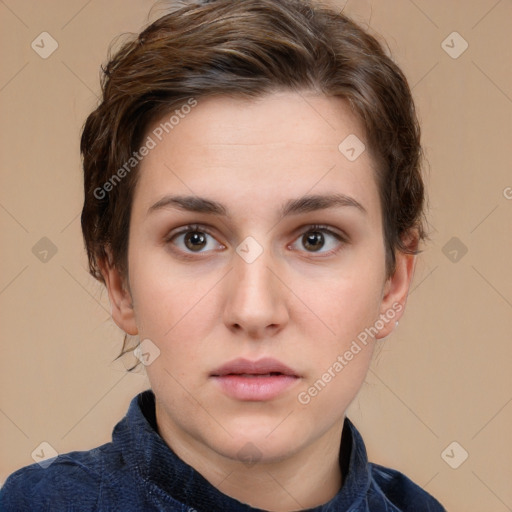 Neutral white young-adult female with short  brown hair and brown eyes