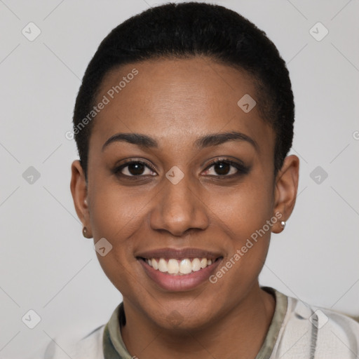 Joyful latino young-adult female with short  black hair and brown eyes