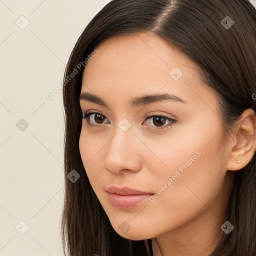 Neutral white young-adult female with long  brown hair and brown eyes