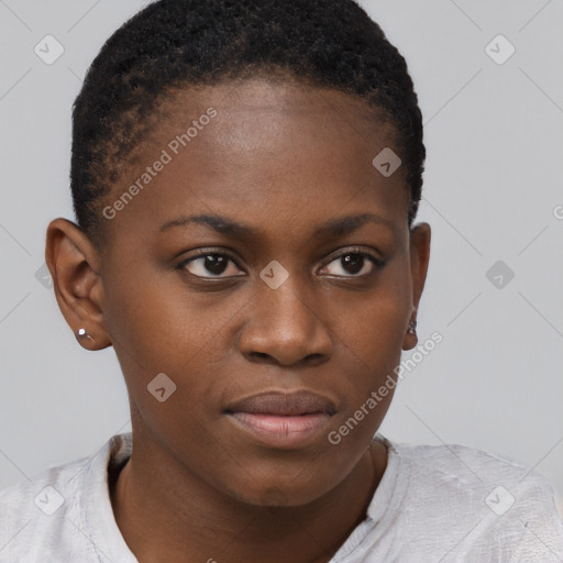 Neutral black young-adult female with short  brown hair and brown eyes