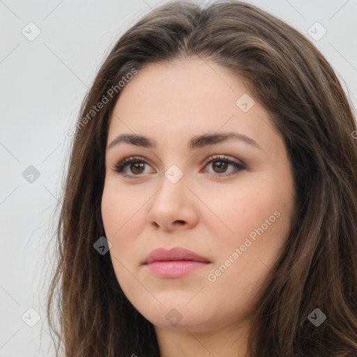 Neutral white young-adult female with long  brown hair and brown eyes