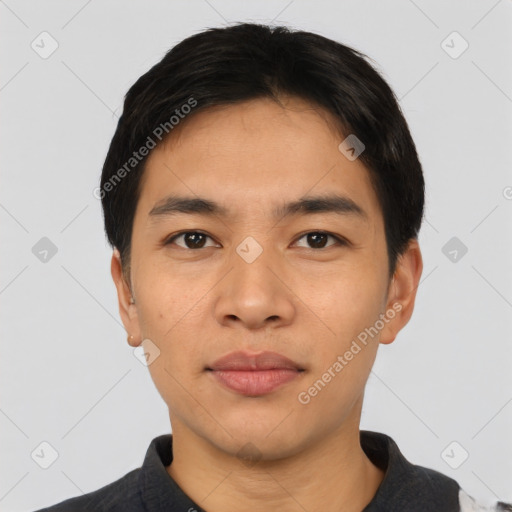 Neutral asian young-adult male with short  black hair and brown eyes