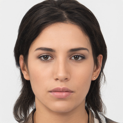 Neutral asian young-adult female with medium  brown hair and brown eyes