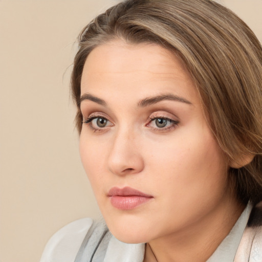 Neutral white young-adult female with long  brown hair and brown eyes