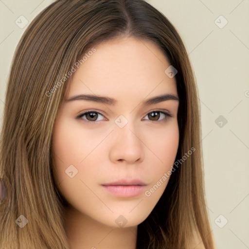 Neutral white young-adult female with long  brown hair and brown eyes