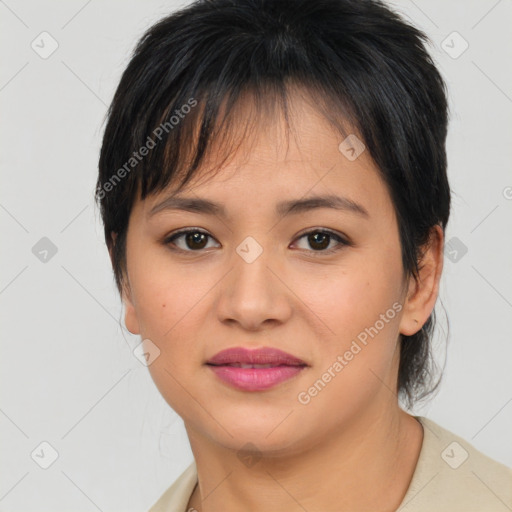 Joyful asian young-adult female with medium  brown hair and brown eyes