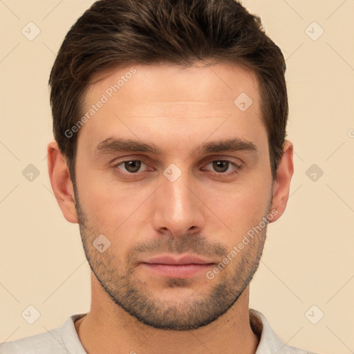 Neutral white young-adult male with short  brown hair and brown eyes