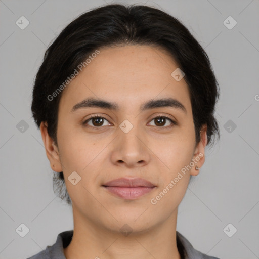 Joyful white young-adult male with medium  brown hair and brown eyes