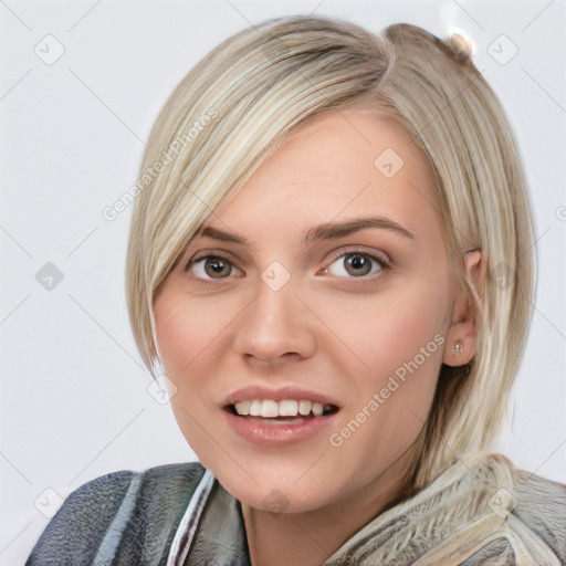 Joyful white young-adult female with medium  brown hair and blue eyes