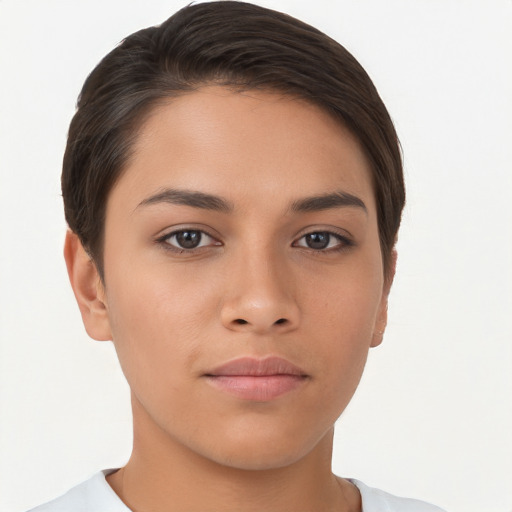 Neutral asian young-adult female with short  brown hair and brown eyes