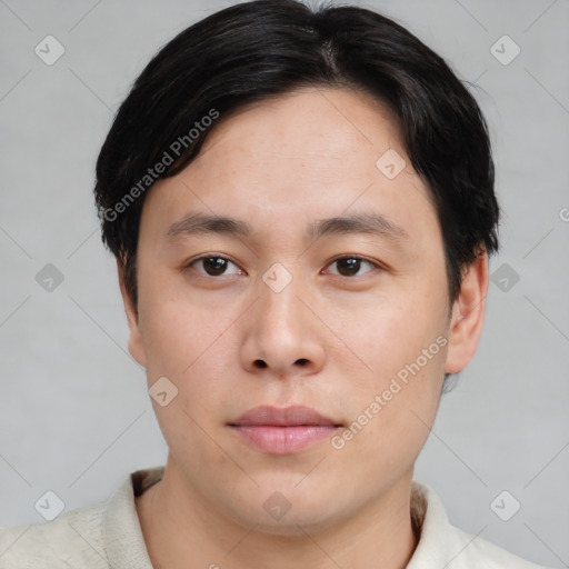 Neutral asian young-adult male with short  brown hair and brown eyes