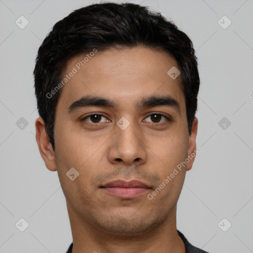 Neutral latino young-adult male with short  black hair and brown eyes