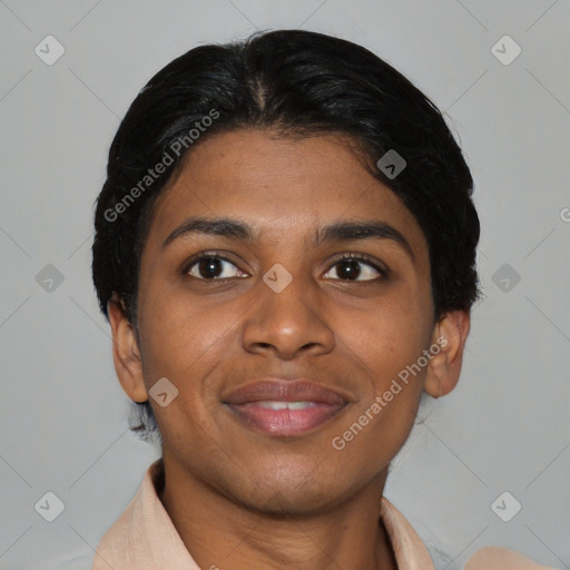 Joyful asian young-adult female with short  brown hair and brown eyes