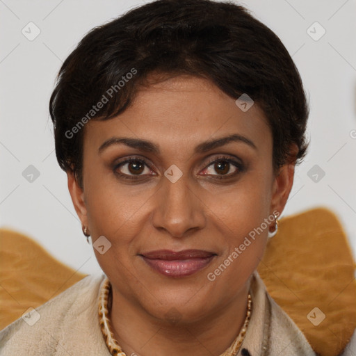 Joyful latino young-adult female with short  brown hair and brown eyes