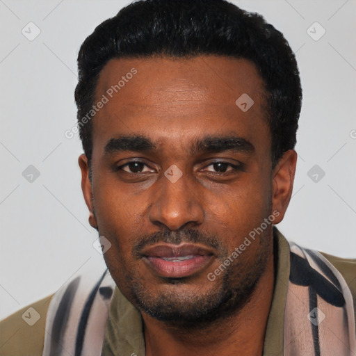 Neutral black young-adult male with short  black hair and brown eyes