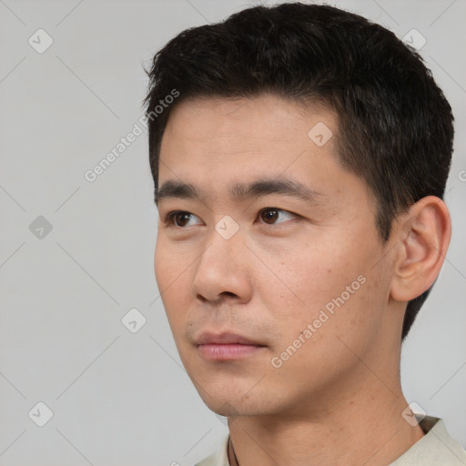 Neutral asian young-adult male with short  black hair and brown eyes