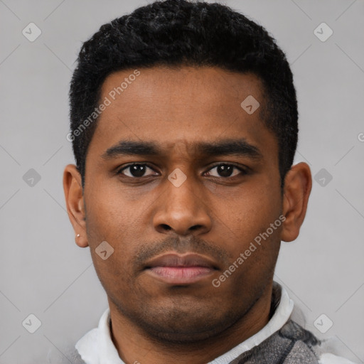 Neutral latino young-adult male with short  black hair and brown eyes