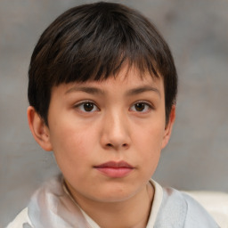 Neutral white young-adult female with short  brown hair and brown eyes