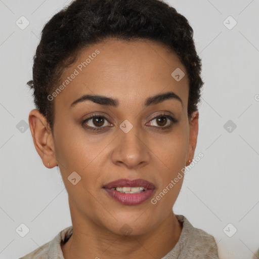 Joyful latino young-adult female with short  brown hair and brown eyes