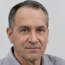 Neutral white middle-aged male with short  brown hair and brown eyes