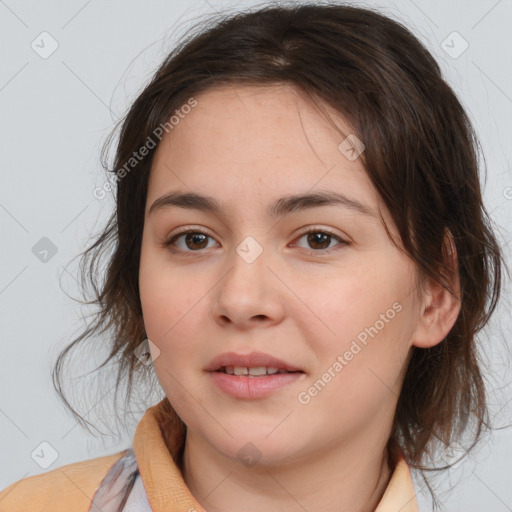 Neutral white young-adult female with medium  brown hair and brown eyes