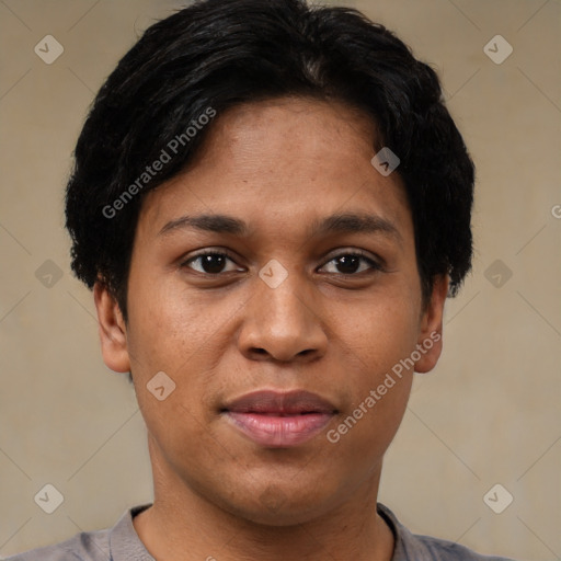 Joyful latino young-adult female with short  black hair and brown eyes