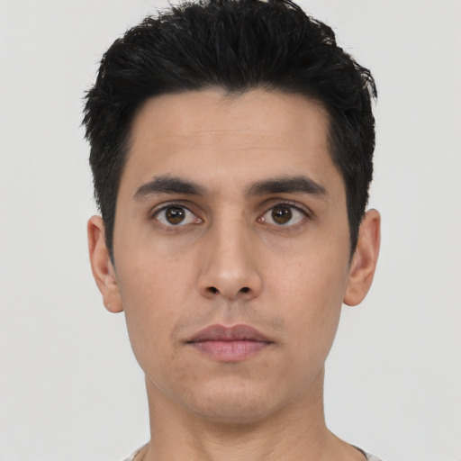 Neutral asian young-adult male with short  black hair and brown eyes