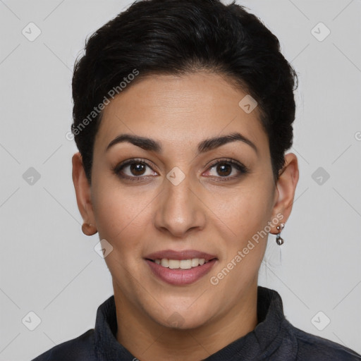 Joyful white young-adult female with short  brown hair and brown eyes