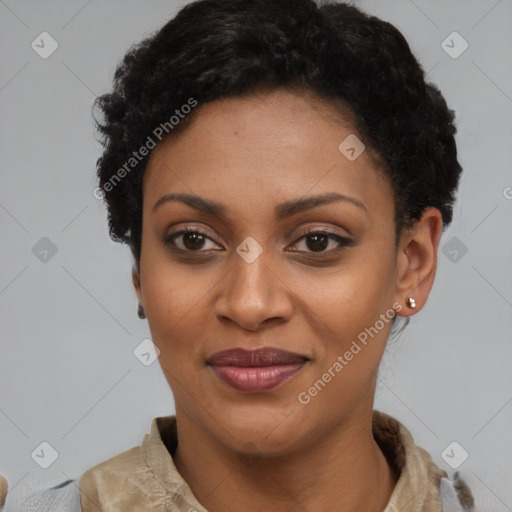 Joyful latino young-adult female with short  brown hair and brown eyes