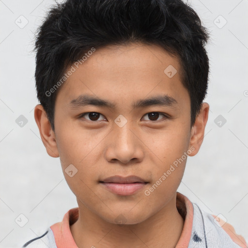 Neutral asian young-adult male with short  brown hair and brown eyes