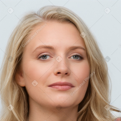 Neutral white young-adult female with long  brown hair and blue eyes