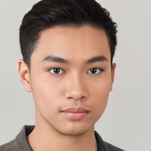 Neutral asian young-adult male with short  brown hair and brown eyes