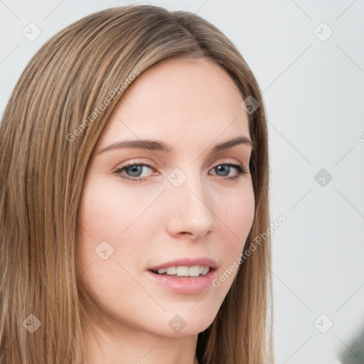 Neutral white young-adult female with long  brown hair and brown eyes