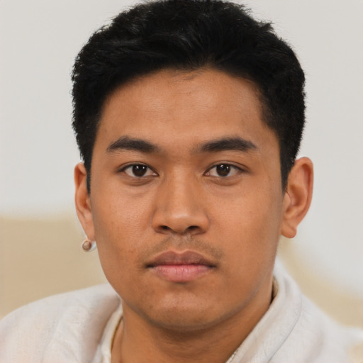 Neutral asian young-adult male with short  black hair and brown eyes