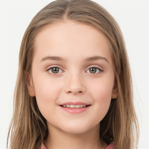 Joyful white child female with long  brown hair and grey eyes