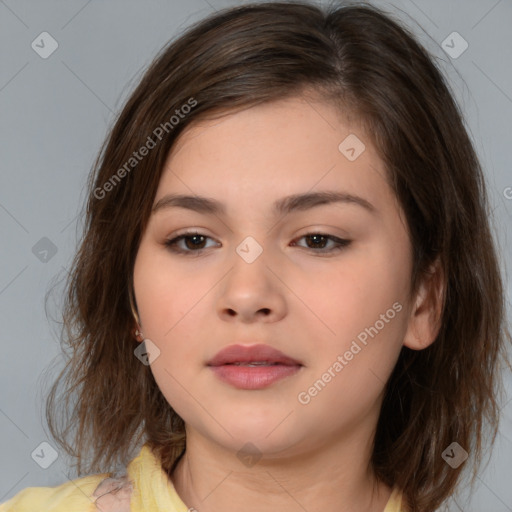 Neutral white young-adult female with medium  brown hair and brown eyes