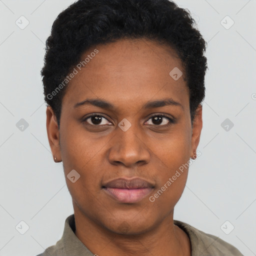 Joyful black young-adult female with short  black hair and brown eyes