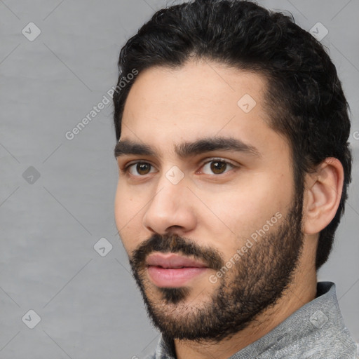 Neutral white young-adult male with short  black hair and brown eyes