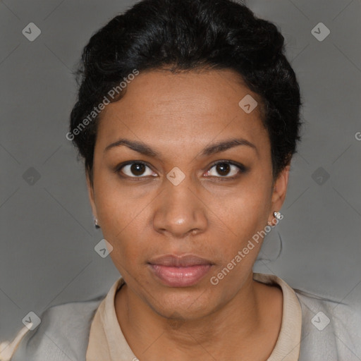 Neutral black young-adult female with short  black hair and brown eyes