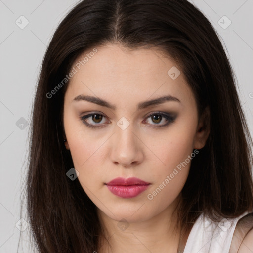 Neutral white young-adult female with long  brown hair and brown eyes