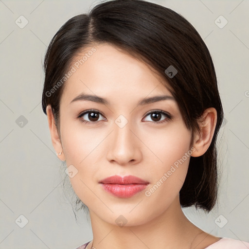 Neutral white young-adult female with medium  brown hair and brown eyes