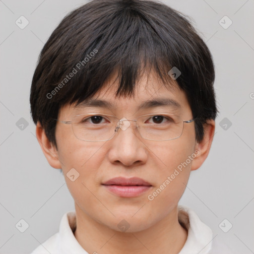 Joyful white adult female with short  brown hair and brown eyes