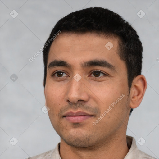 Neutral latino young-adult male with short  black hair and brown eyes