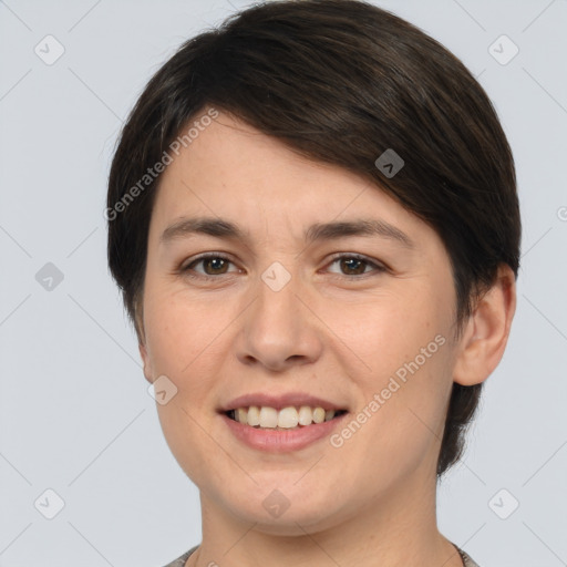 Joyful white young-adult female with short  brown hair and brown eyes