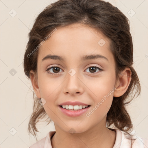 Joyful white child female with medium  brown hair and brown eyes