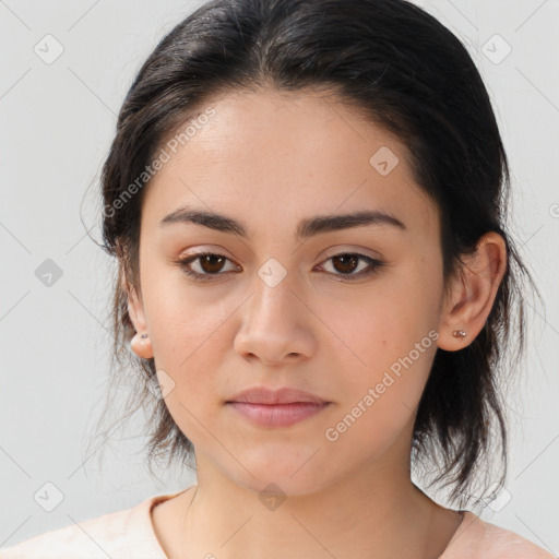 Neutral white young-adult female with medium  brown hair and brown eyes