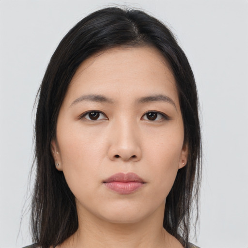 Neutral asian young-adult female with long  black hair and brown eyes