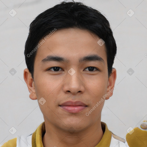 Neutral asian young-adult male with short  black hair and brown eyes